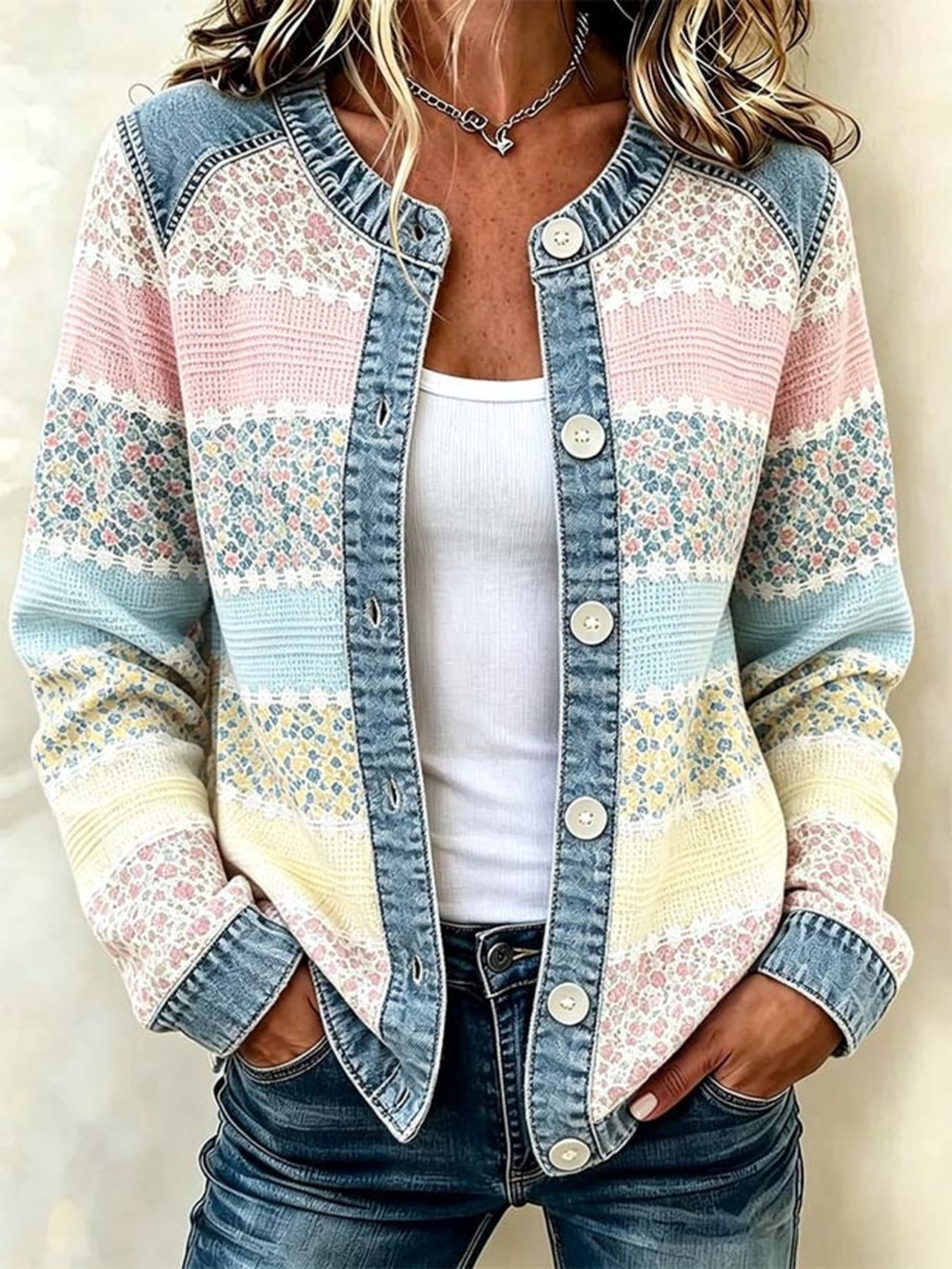 Full Size Floral Patchwork Denim Trim Jacket Plus Size